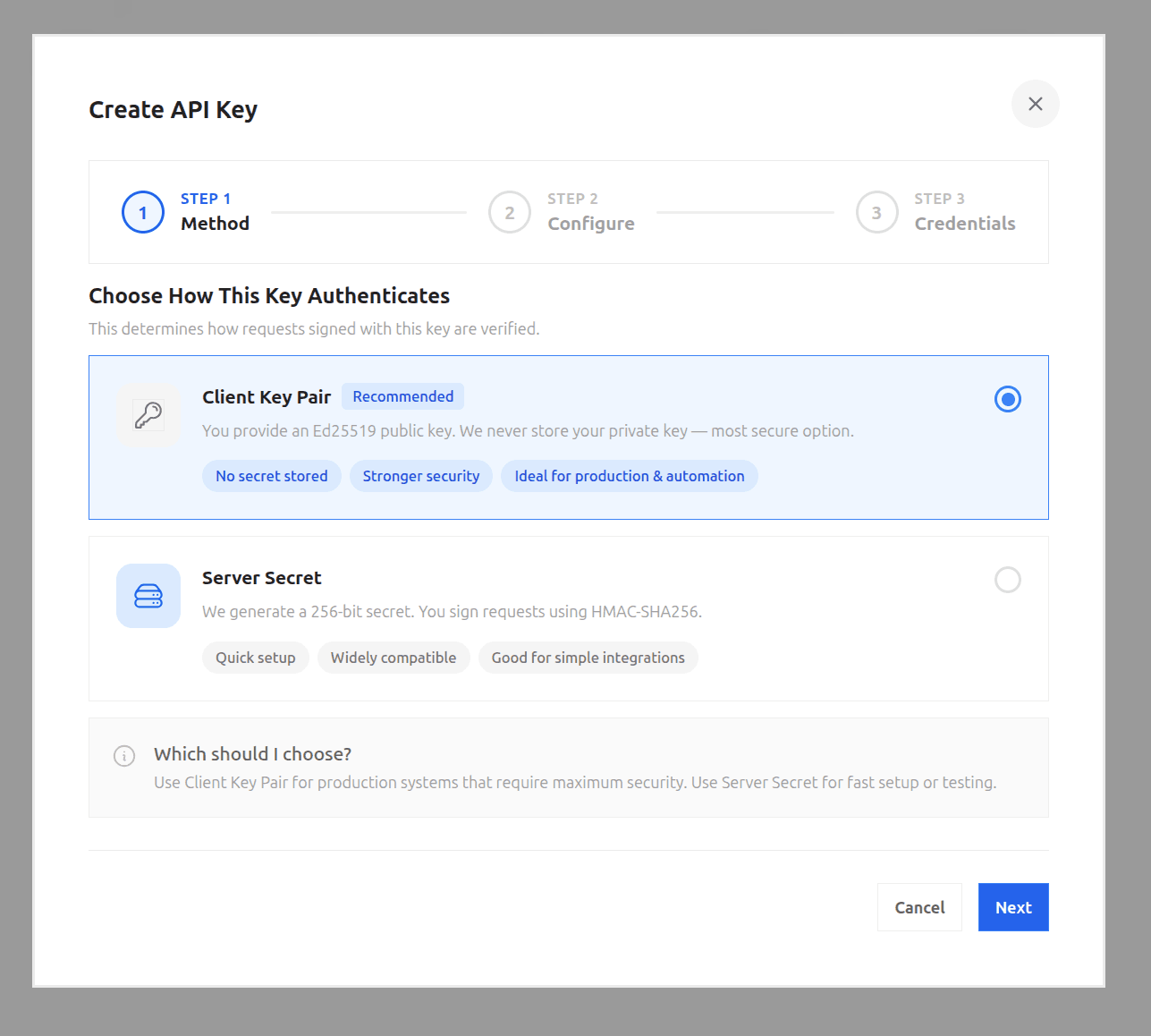 Create API Key flow with Client Key Pair selected as the recommended authentication method, using an Ed25519 public key with no secret stored
