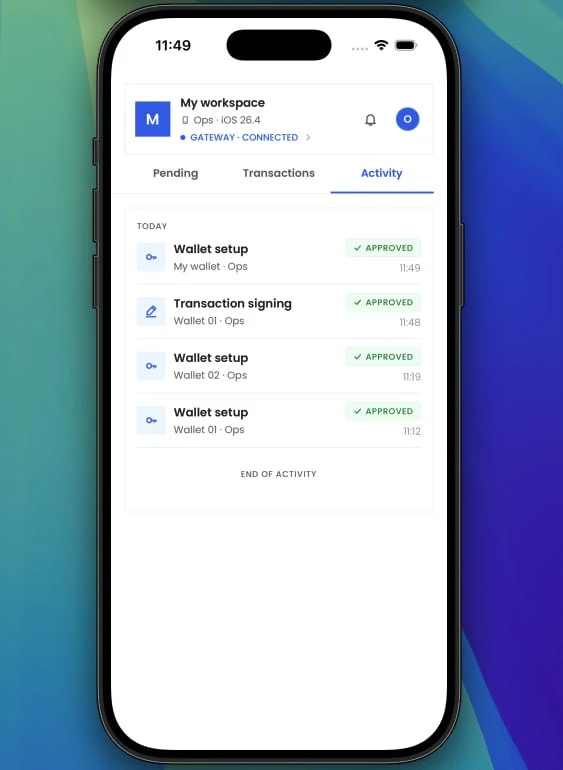 Fystack mobile cosigner activity log listing approved wallet setup and transaction signing events with timestamps
