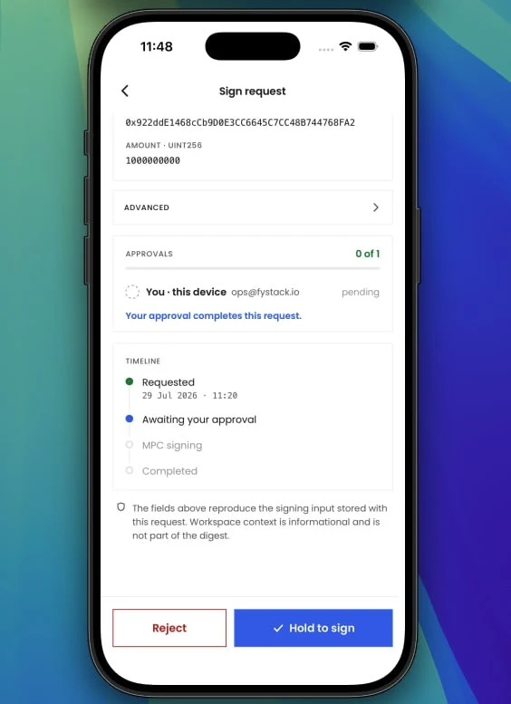 Fystack mobile cosigner approval timeline showing the raw signing input, 0 of 1 approvals, and the request, signing, and completion stages