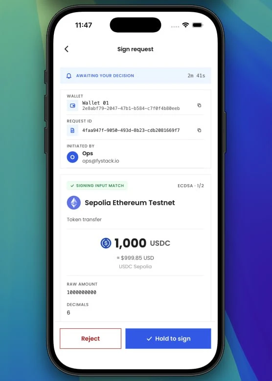 Fystack mobile cosigner decoding a 1,000 USDC transfer on Sepolia Ethereum with hold-to-sign confirmation