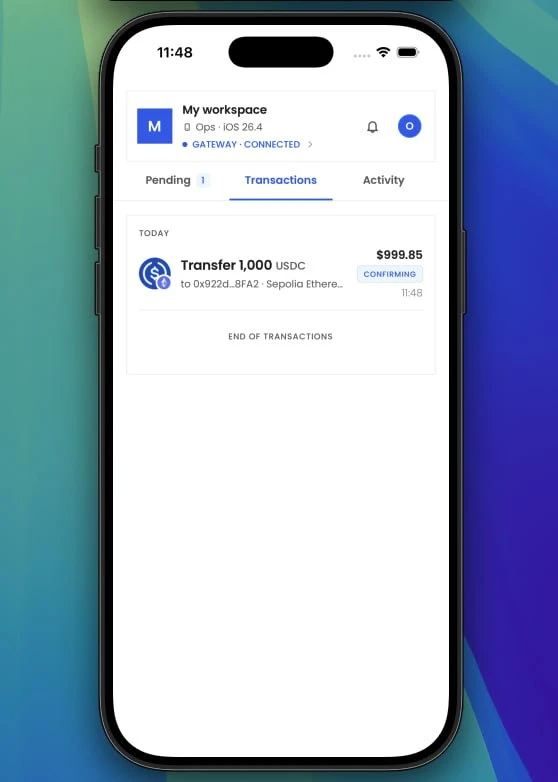 Fystack mobile cosigner transaction history showing a confirming 1,000 USDC transfer on Sepolia Ethereum